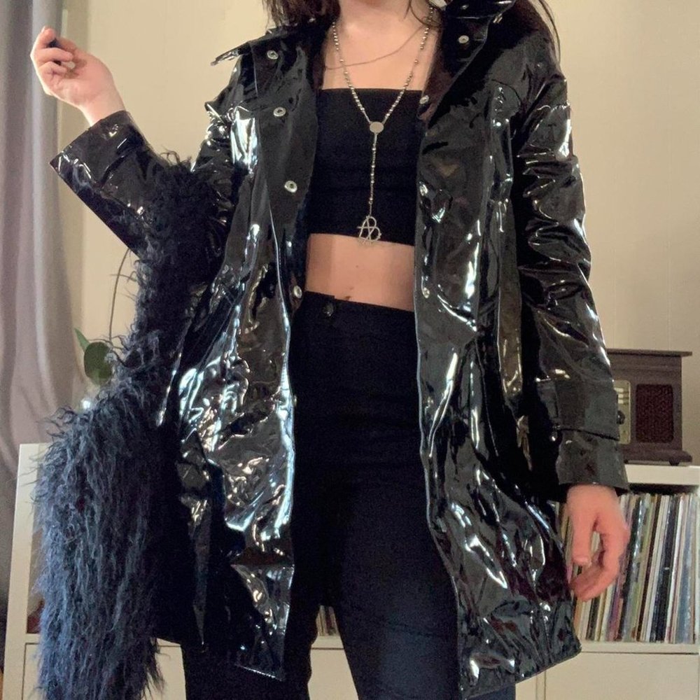 Women's Black Glossy Trench Coat